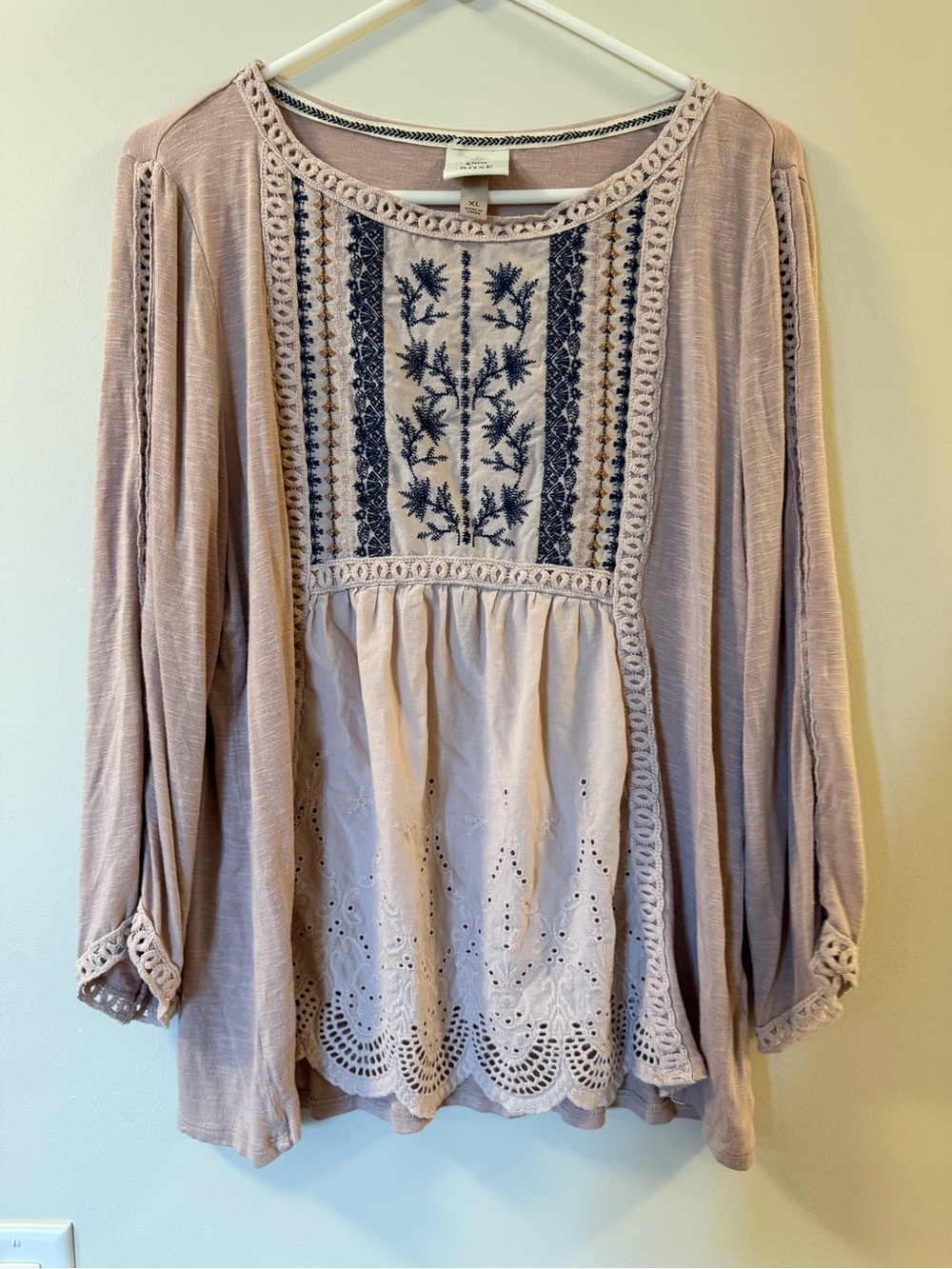 Knox Rose Blush Pink and Navy Embroidered Boho Tunic
